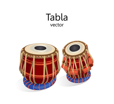 Tabla percussion oriental musical instrument. Double drum, the main percussion instrument of Indian classical music. Vector illustration of a drum on a white background, the text can be replaced.