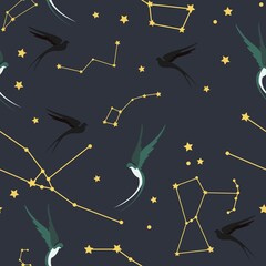 seamless pattern with stars and swallows