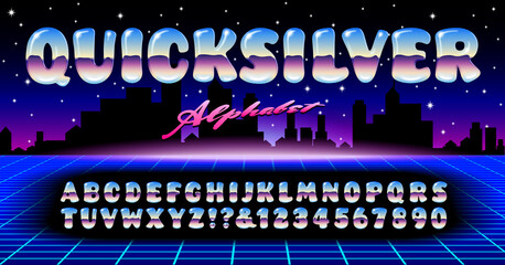 A 1980s Style Retro Alphabet with the Effect of Molten Metal Chrome Reflections. Quicksilver Font Has the Shiny 3d Effect of Blobs of Mercury.