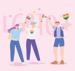 LGBTQ community, young people with flags and hearrt rainbow, gay parade sexual discrimination protest