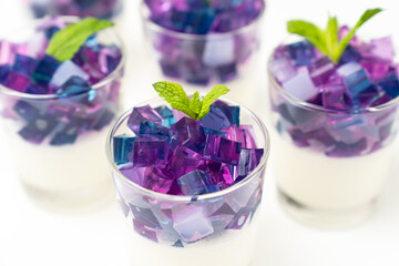 Homemade hydrangea flower jelly panna cotta decorated with mint leaves