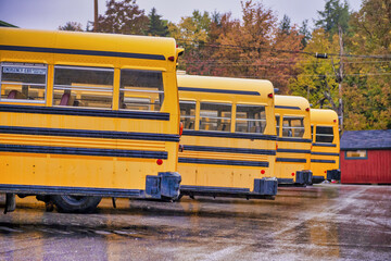 Fototapeta na wymiar Parked school buses in New England. Foliage Season