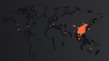 Coronavirus Global pandemic. Animation of Map of coronavirus spreading from Wuhan. World map with animation of spread of infection of a virus.