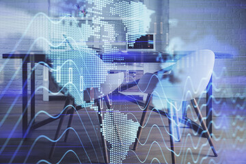 Multi exposure of financial graph drawing and office interior background. Concept of market analysis.