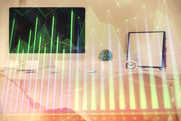 Multi exposure of stock market chart drawing and office interior background. Concept of financial analysis.