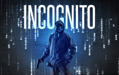 Faceless hacker with INCOGNITO inscription, hacking concept