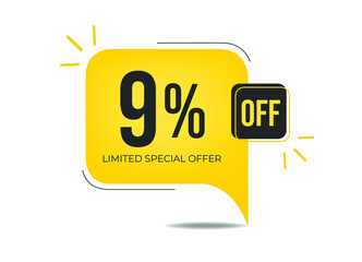 9% off limited special offer. Banner with nine percent discount on a yellow square balloon.