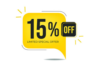 15% off limited special offer. Banner with fifteen percent discount on a yellow square balloon. - obrazy, fototapety, plakaty
