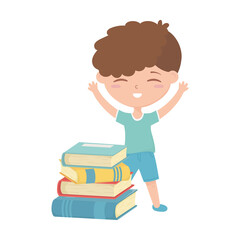 back to school, student boy with stack of books education cartoon