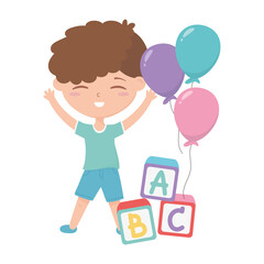 back to school, student boy glue blocks alphabet and balloons education cartoon