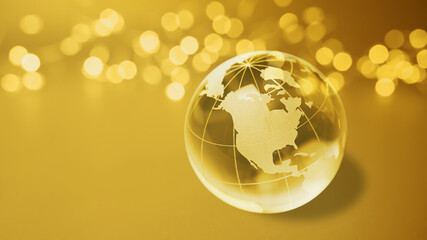 Business USA and Canada on golden economy globe with abstract golden light chains background