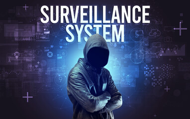 Faceless man with SURVEILLANCE SYSTEM inscription, online security concept