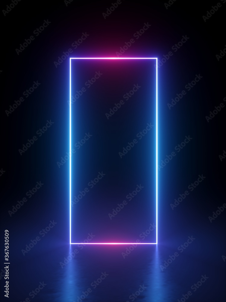 Poster 3d render, abstract minimal geometric background. Glowing neon lines. Stage illumination with floor reflection. Blank vertical rectangular frame with copy space