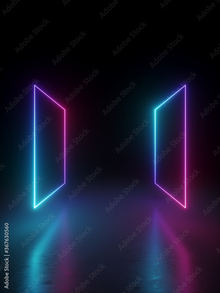 Poster 3d render, abstract minimal geometric background. blank rectangular shapes levitating, glowing neon 