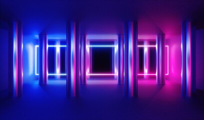 3d render, abstract background, empty indoor interior illuminated with blue pink neon light. Glowing frame between metallic columns.