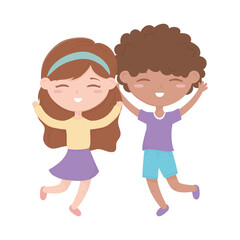 happy little boy and girl cartoon character isolated design