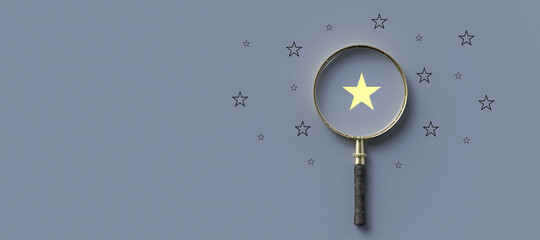 magnifying glass with a yellow star mark as symbol for finding a solution on grey-blue background