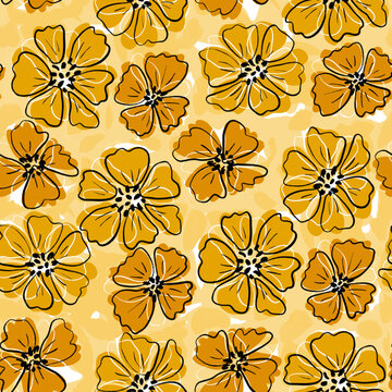 Repeating Pattern Of Yellow Floral Painterly Flowers