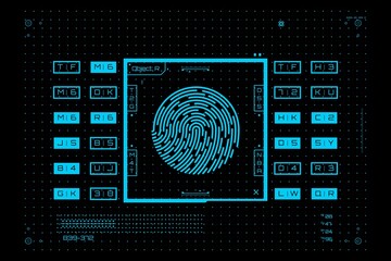 Biometric identification system. Fingerprint scan in futuristic style. Digital identity verification. Vector illustration.