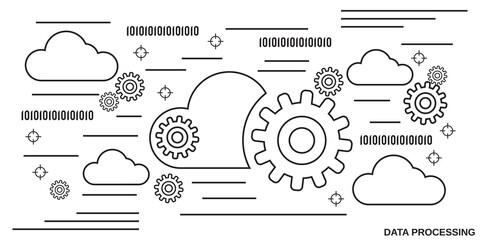 Data processing, cloud computing thin line art style vector concept illustration