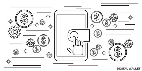 Digital wallet thin line art style vector concept illustration