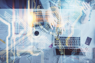 Double exposure of man and woman working together and world map hologram drawing. international network concept. Computer background. Top View.