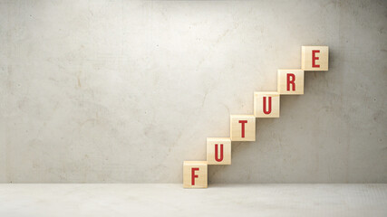 cubes forming a stair with the word FUTURE on concrete background
