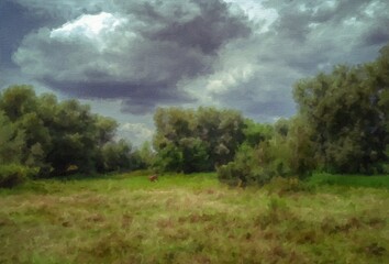 Oil paintings landscape, green field and blue sky. Fine art.