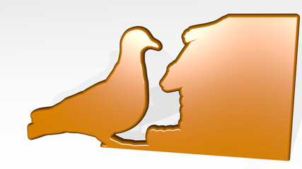 bird stand with shadow. 3D illustration of metallic sculpture over a white background with mild texture. animal and beautiful