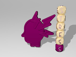 3D representation of STRESS with icon on the wall and text arranged by metallic cubic letters on a mirror floor for concept meaning and slideshow presentation. illustration and business