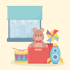 kids toys teddy bear rocket pinwheel drum object amusing in room cartoon