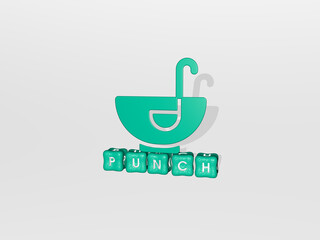 3D representation of PUNCH with icon on the wall and text arranged by metallic cubic letters on a mirror floor for concept meaning and slideshow presentation. background and illustration