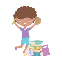 back to school, student boy with palette color brush and books education cartoon