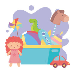 kids toys object amusing cartoon bucket full ball plane horse dinosaur doll and car