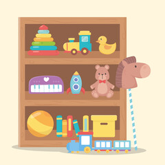 kids toys duck rocket bear ball books train object amusing cartoon wooden shelf