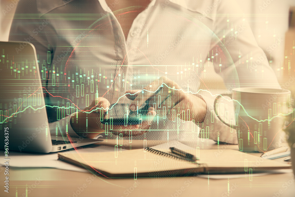 Aufkleber double exposure of forex chart sketch hologram and woman holding and using a mobile device. financia