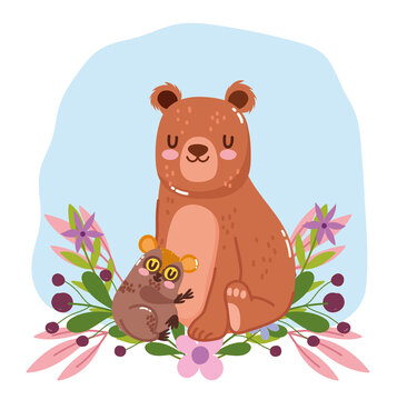 cute animals bear and tarsius flowers foliage nature decoration cartoon