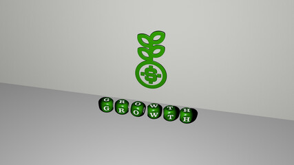 3D representation of GROWTH with icon on the wall and text arranged by metallic cubic letters on a mirror floor for concept meaning and slideshow presentation. illustration and background