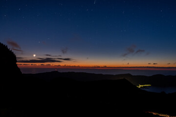 Night landscape view over the Lagoon of - Sete Cidades - with the ocean as background in the island of S&atilde;o Miguel in The Azores