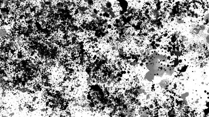 Abstract black ink and watercolor splashes on white paper. Random drops and blots. Splatter background.