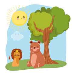 Obraz na płótnie Canvas cute animals lion and bear sitting on grass forest nature wild cartoon