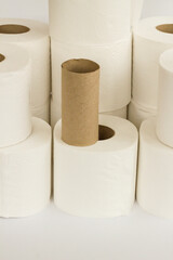 Clean toilet paper roll heap on white background.Close up taken