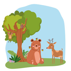cute animals bear with bees and reindeer grass forest nature wild cartoon
