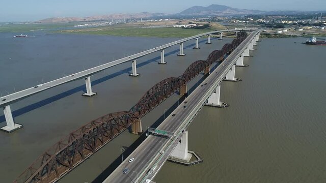 aerial of 3 bridges over peninsula in Northern California, Bay Area, Benicia