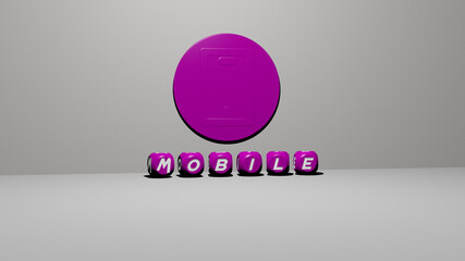 3D representation of mobile with icon on the wall and text arranged by metallic cubic letters on a mirror floor for concept meaning and slideshow presentation. illustration and design