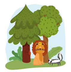 Obraz na płótnie Canvas cute animals lion and skunk grass forest trees nature wild cartoon