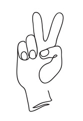 Victory and peace symbol. Hand gesture V sign in line art style vector continuous line drawing illustration.