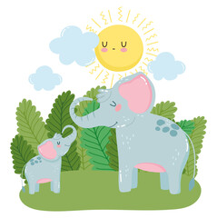 cute elephants family grass bushes nature wild cartoon