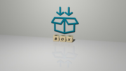 3D representation of box with icon on the wall and text arranged by metallic cubic letters on a mirror floor for concept meaning and slideshow presentation. background and illustration