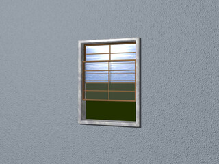 3D illustration of sash window opened to green lawn and cloudy blue sky from light slate gray wall. stone and wood materials. background and abstract